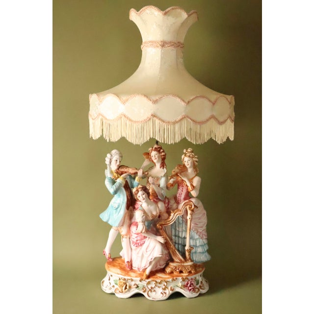 Vintage Italian Figural Porcelain Lamp With Fringed Shade - Courting Musicians Quartet For Sale - Image 10 of 10