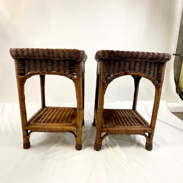 Boho Chic Mid-Century Coastal Boho Chic Walnut Stained Wicker Side Tables - A Pair. For Sale - Image 3 of 9