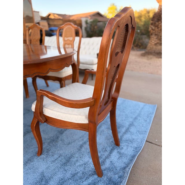 Late 20th Century Attributed to Bassett Chalons Collection Sequoia Cherry Dining Set With Cane-Back Chairs, Extension Leaf & Custom Table Pads For Sale - Image 11 of 17