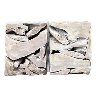 Vintage Boho Puzzle Wood Low Stools - A Pair For Sale