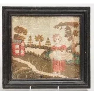 19th Century Needlework Pictures of a Girl in Landscape Needlepoint - a Pair For Sale - Image 4 of 5