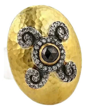 Gurhan Oval Dome Diamond 24k Gold & Sterling Silver Hammered Ring, Size 6.5