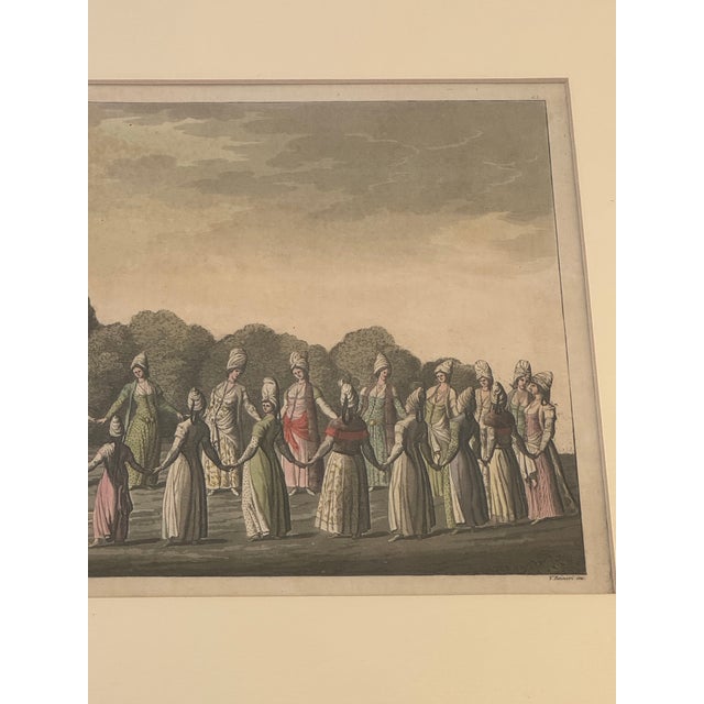 English Antique Hand-Tinted Engraving | Ottoman Dance Scene by F. Raineri | Framed Orientalist Art Print For Sale - Image 3 of 12