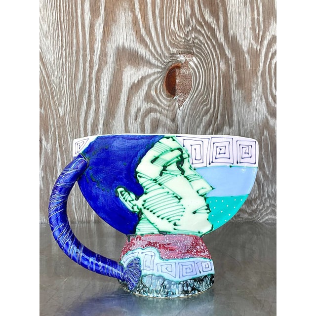 Boho Chic Vintage Signed Hand Painted Glazed Ceramic Vessel For Sale - Image 3 of 15
