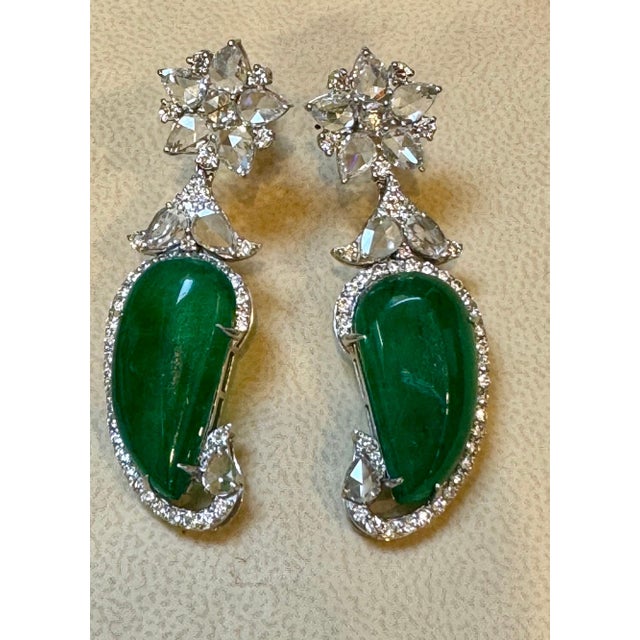 20 Ct Fine Emerald Cabochon & 4 Ct Rose Cut Diamond 18 Kt White Gold Earrings Emerald Diamond Post Earrings 18 Karat White...