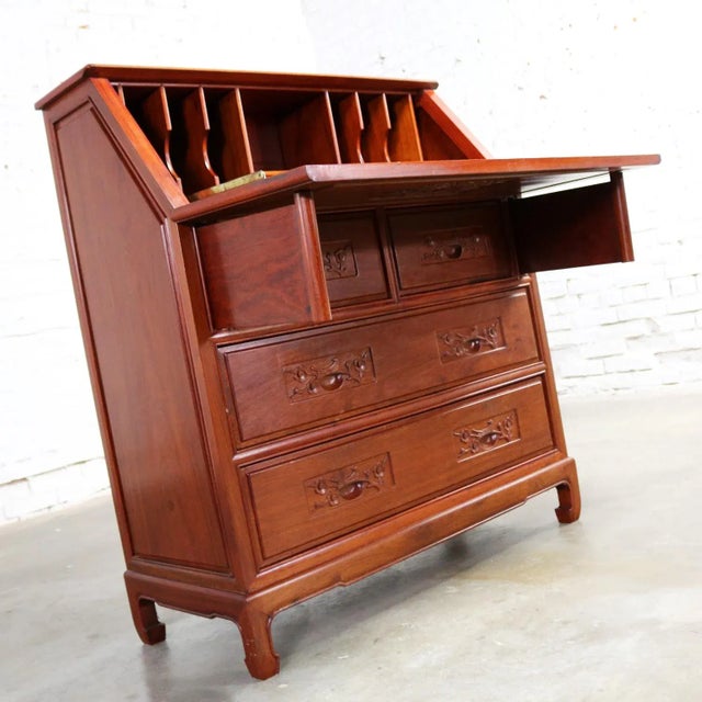 George Zee Vintage Asian Desk Teak Hand Carved Drop Front Compartmentalized Style of George Zee For Sale - Image 4 of 13