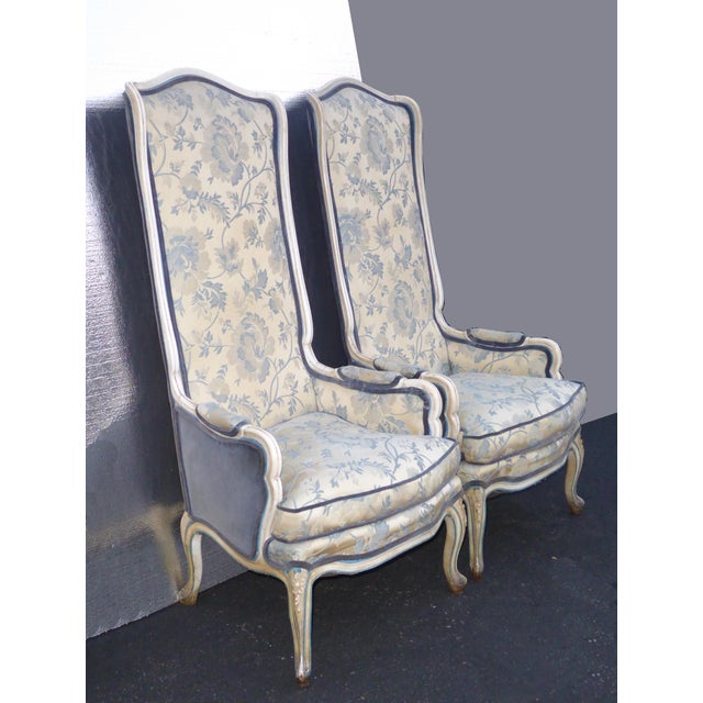 French Provincial Tall Highback Blue Floral Down Accent ...