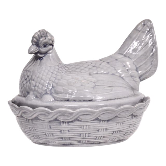 Gray Ceramic Farmhouse Hen Bowl For Sale
