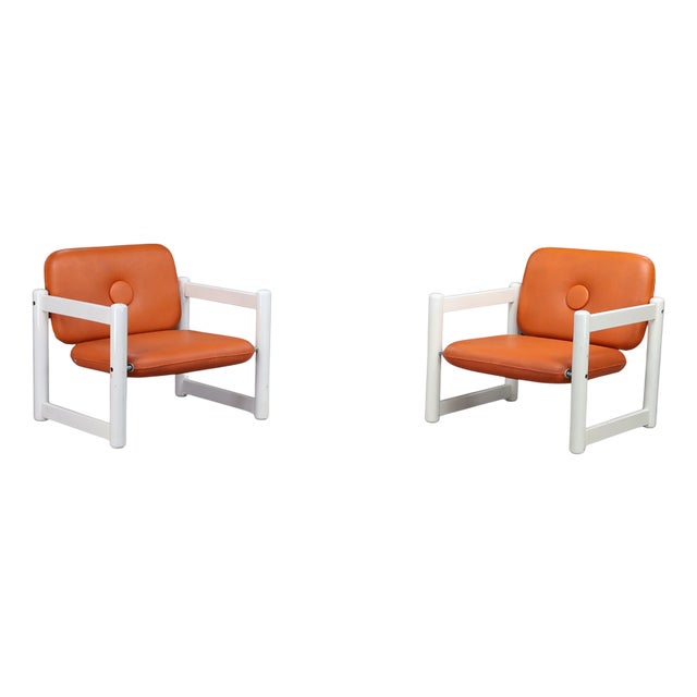 Italian Low Lounge Chairs in White Wood & Cognac Skai, 1970s, Set of 2 For Sale