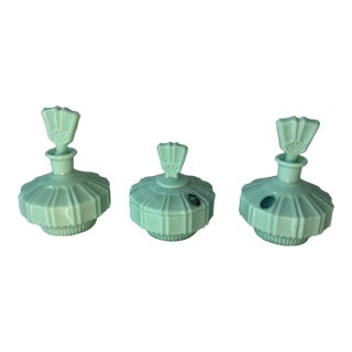 Circa 1940s Murano Glass Opaque Jadeite Green Vanity Bottles and Jar - Set of 3 For Sale