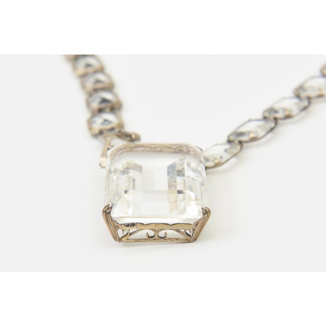 Mid-Century Modern Vintage Art Deco Crystal and Silver Long Necklace With Faceted Square Pendant For Sale - Image 3 of 11