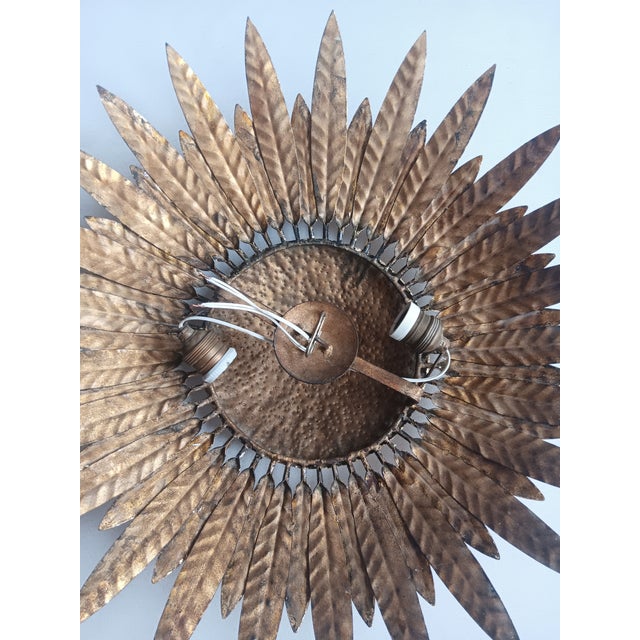 Metal Spanish Metal Gold Leaf Sunburst Ceiling Fixture, 1960s For Sale - Image 7 of 8