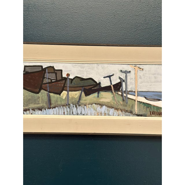 Ivar Ekelund, Coastal Landscape with Beached Boats, 1950s, Oil on Panel, Framed For Sale - Image 4 of 14