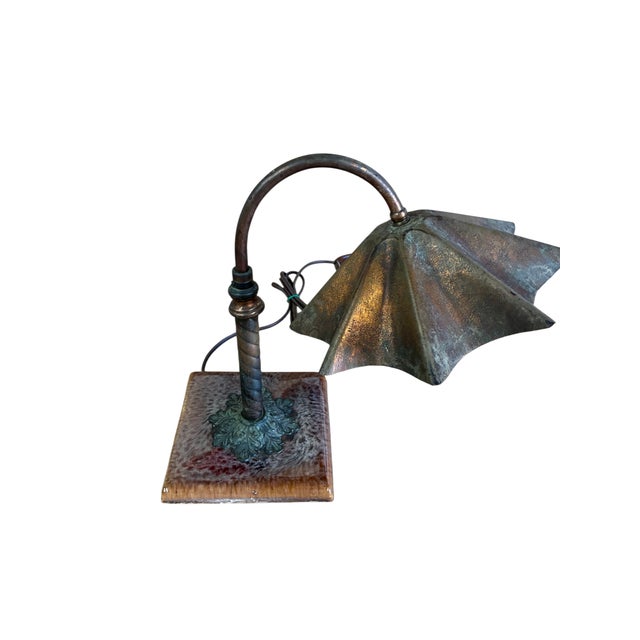 Antique Arts Crafts Copper Desk Lamp Clay Tile Base Ruffle Clam Shell Shade For Sale In Philadelphia - Image 6 of 12