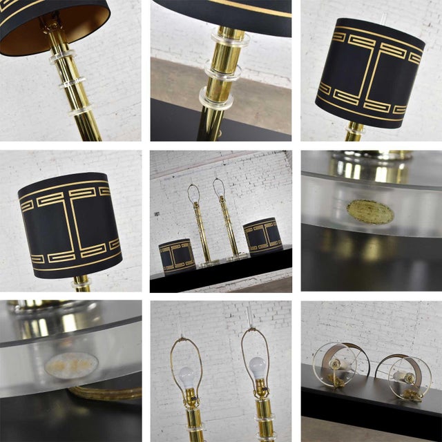 1970s Modern Hollywood Regency Lamps Lucite & Brass Plate Black With Shades Style Karl Springer - A Pair For Sale - Image 15 of 16