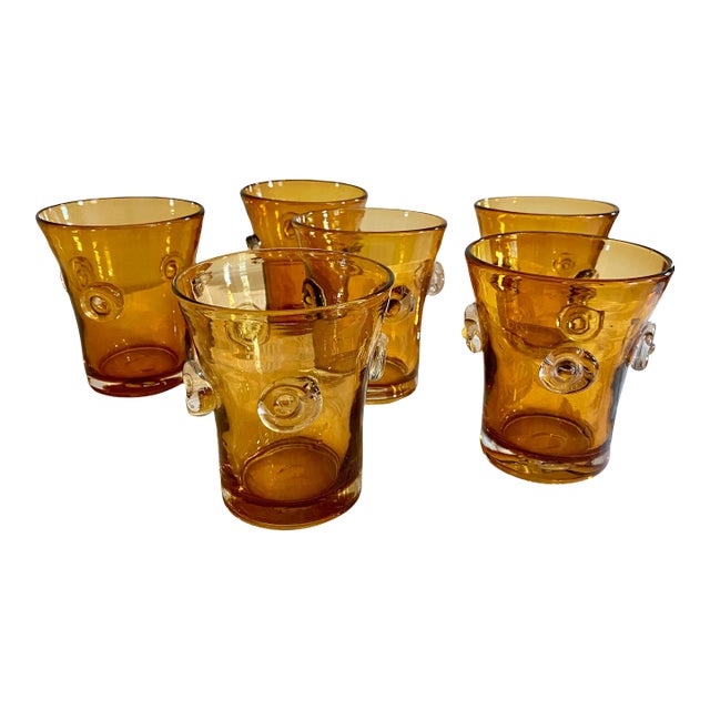 Italian Art Deco Festival Amber Cocktail Glasses With Prunts, a Set of 6 For Sale