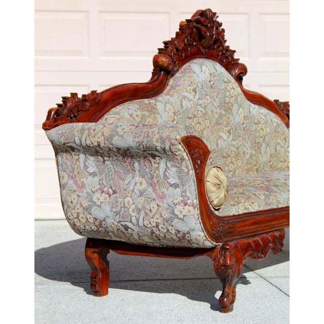 Antique Victorian Rococo Revival Hand-Carved Rosewood Sofa – Early 20th Century Ornate Floral Upholstered Couch For Sale - Image 10 of 16