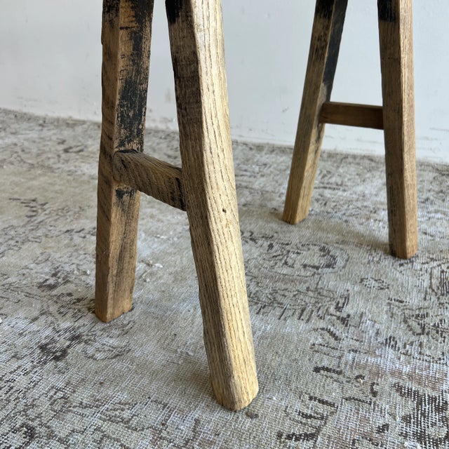 Vintage Antique Rounded Edge Elm Wood Stool For Sale In Los Angeles - Image 6 of 8