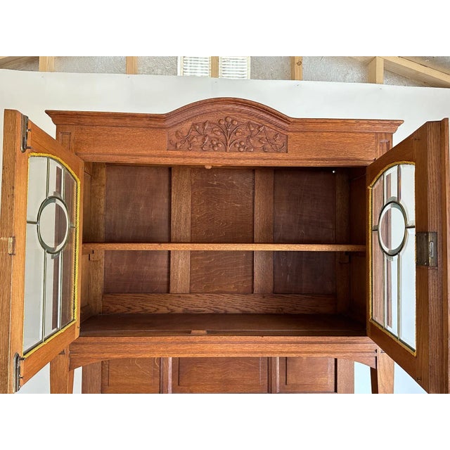 1930s 1920 Early American Buffet Cabinet Cupboard Mid-Centry Oak Glass Doors. Latched Drawers & Original Key. For Sale - Image 5 of 12