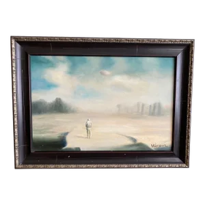 Vintage Surrealist Figurative Landscape Style Oil Painting, Framed