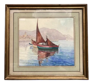 Geo Duchesne, Mediterranean Marine, Watercolor, 20th Century, Framed