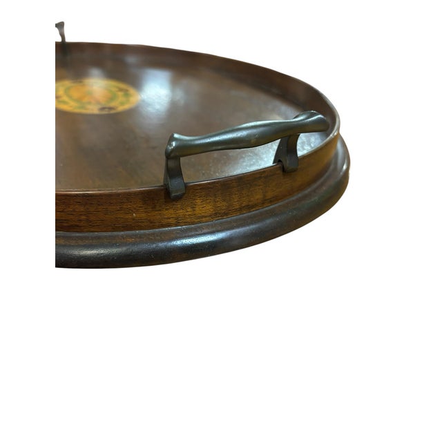 Vintage Federal Style Mahogany Serving Tray With Floral Inlay Medallion & Glass Insert For Sale - Image 4 of 6