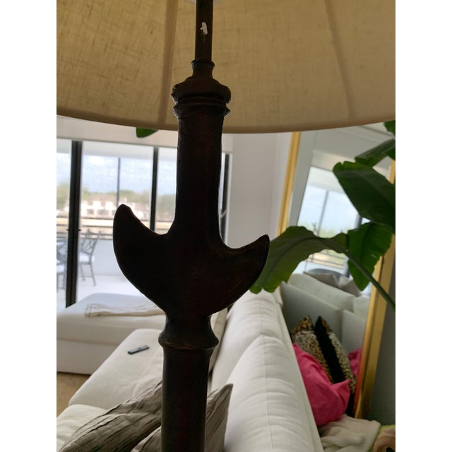 Bronze sculptured lamp base with off white linen shade made by Ironies from California! Excellent condition 15 years old....