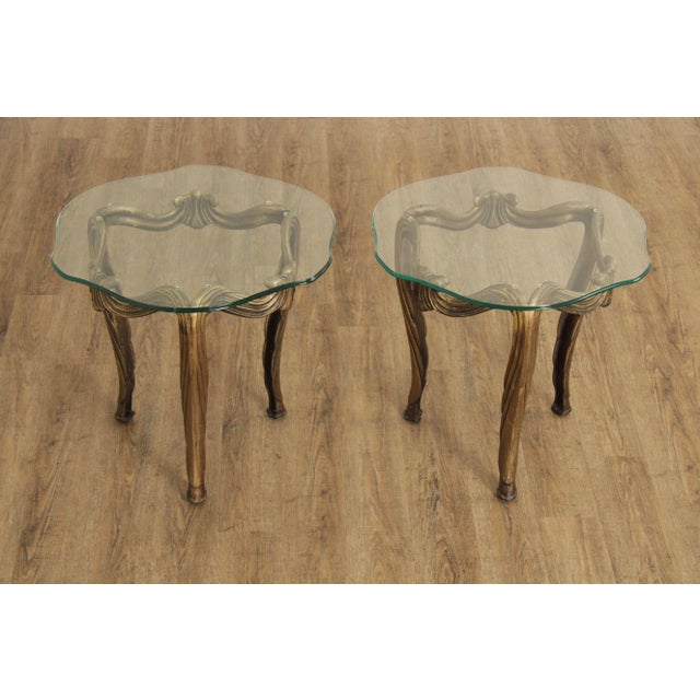 High Quality Gold Painted, Cast Aluminum Base Pair Of Side Tables with Thick, Scalloped Glass Tops