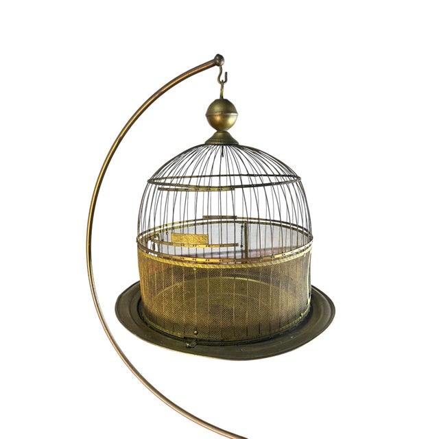 Antique Hendryx Brass Wire Hanging Dome Bird Cage With Stand For Sale - Image 9 of 10