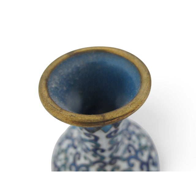 Chinese Cloisonne Turquoise & Cobalt Blue Enamel Flower Small Brass Vase For Sale - Image 9 of 10