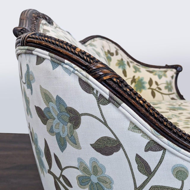 Charming Vintage 3-Seat Sofa With Floral Upholstery and Carved Wood Frame For Sale - Image 9 of 10
