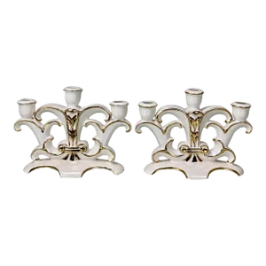 Vintage Italian Hollywood Regency Porcelain Candelabra Candle Holder - a Pair