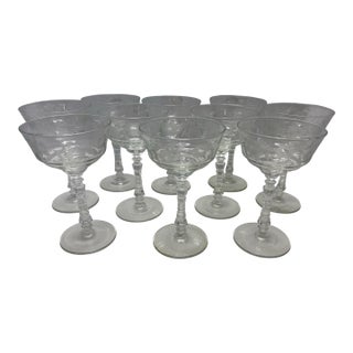 Set of 10 Vintage Rock Sharpe Etched Champagne Coupes – Halifax Style – Faceted Stem Hostess Set Mid-Century Traditional For Sale
