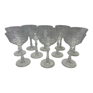 Set of 10 Vintage Rock Sharpe Etched Champagne Coupes – Halifax Style – Faceted Stem Hostess Set Mid-Century Traditional