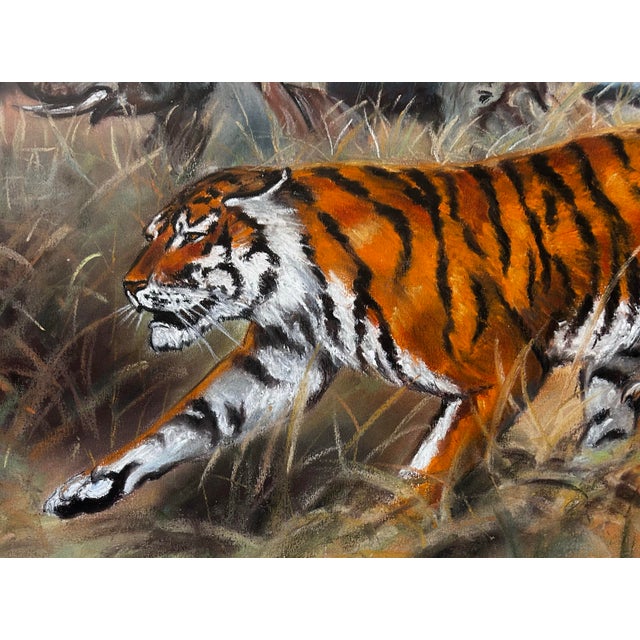 1990s Vintage Original Large Framed Pastel of a Tiger in Safari For Sale - Image 5 of 9
