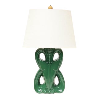 Art Deco Ceramic "Butterfly Lamp" in Emerald Green Glaze With Original Shade and Bakelite Finial For Sale