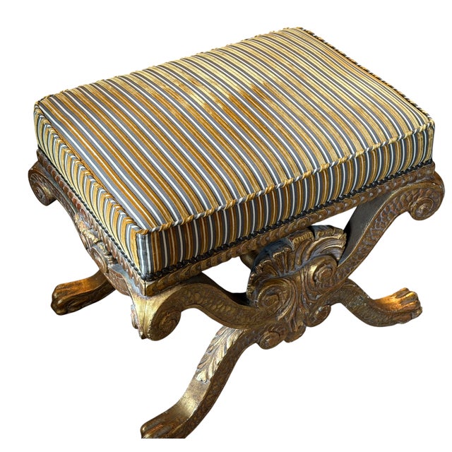 Antique George II Style Giltwood Stool Bench W Cut Silk Velvet