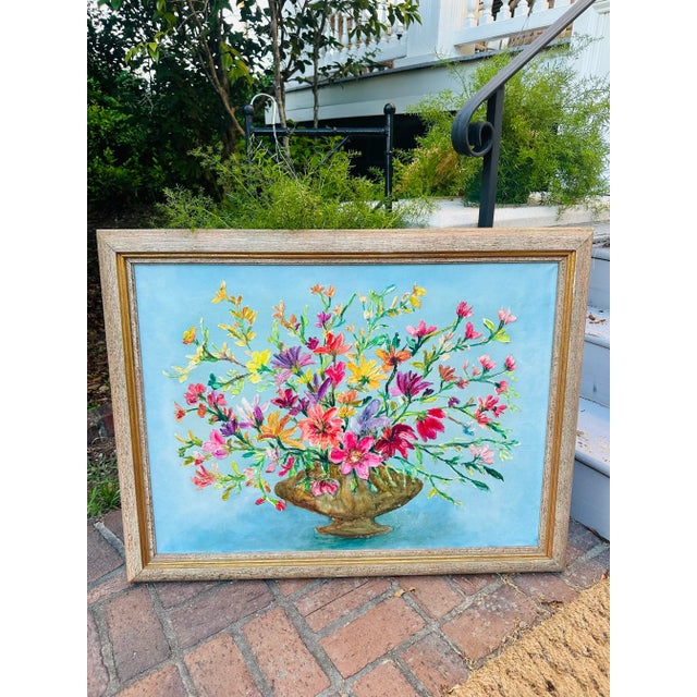 Sky Blue Textured Oil on Canvas Botanical Painting For Sale - Image 8 of 11