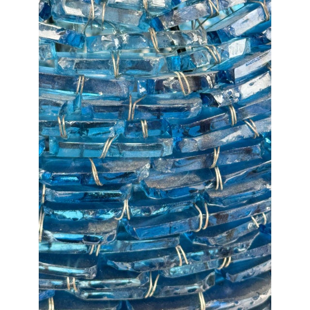 Metal Art Glass Pendant Light : Vintage Mid-Century Cut Blue Glass Stacked Globe-Shaped Round “Blue Moon” Pendant Light Fixture. Mid Century Vibe For Sale - Image 7 of 11