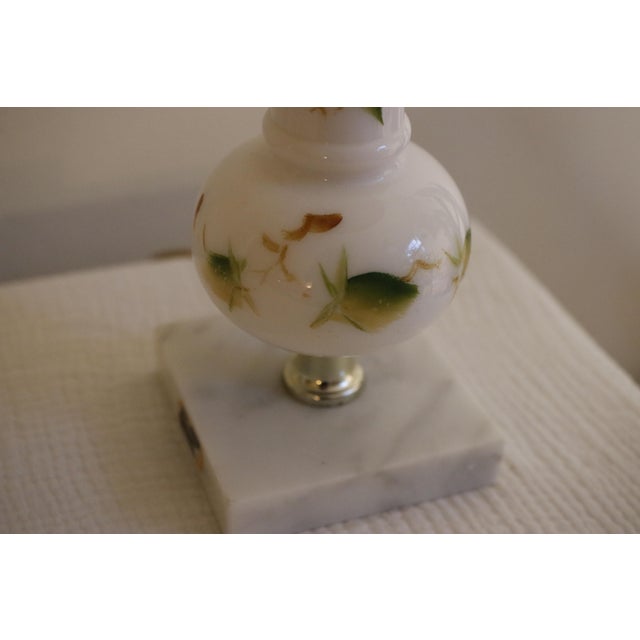 Mid Century Italian Marble & Hand-Painted Blown Milk Glass Table Lamps With Original Shades - A Pair For Sale - Image 4 of 12