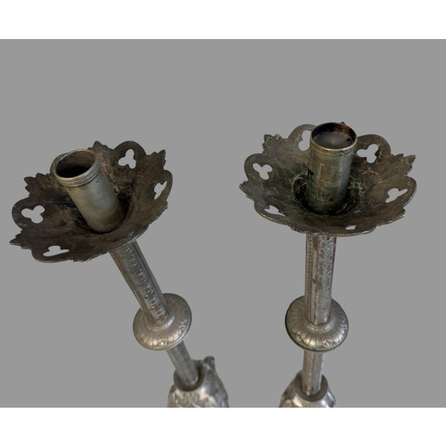 Pair of Antique Gothic Silver Plate 21" Alter Candlesticks For Sale - Image 10 of 10