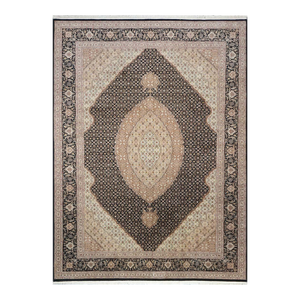 Vintage Sino-Persian Tabriz Mahi Wool 9x12 Black & Ivory Handmade Area Rug #1144253