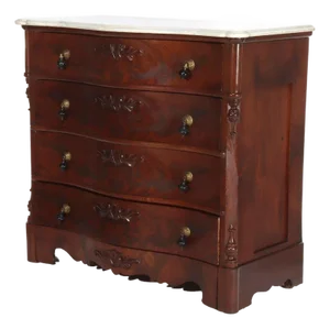 Renaissance Revival Flame Mahogany Serpentine 4-Drawer Marble Top Dresser