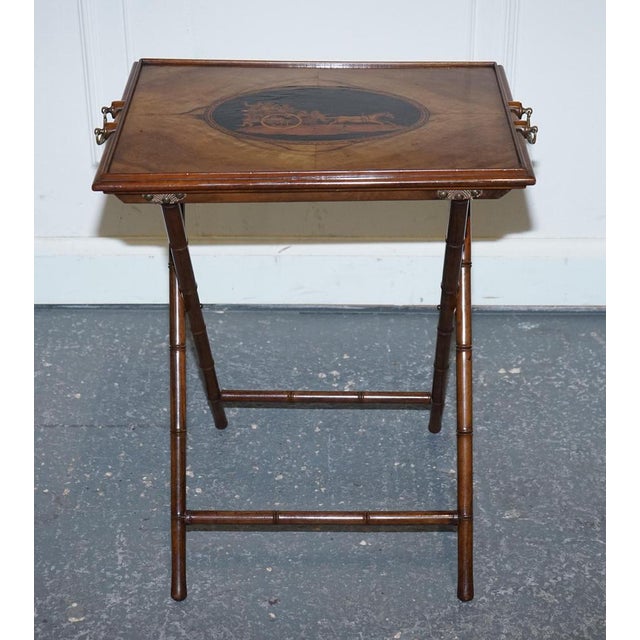 Victorian Double Sided Serving Tray on Bamboo Stand Brass Handles Marquetry Top For Sale - Image 3 of 18