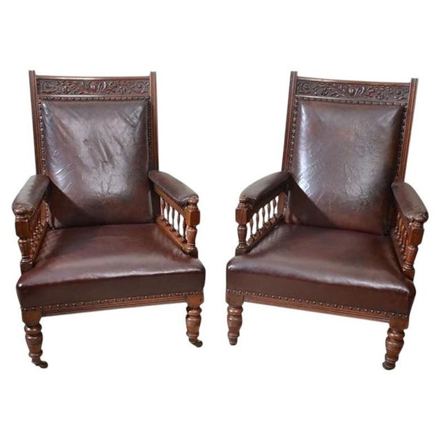 Antique English Lounge Chairs Walnut and Leather, 1800s, Set of 2 For Sale - Image 18 of 18