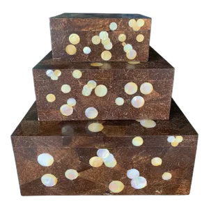 1990s Vintage Maitland Smith Tessellated Decorative Hinged Lid Wood Boxes With Mother of Pearl Inlays - Set of 3