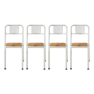 French Stacking Grey Dining Chairs with Wooden Seat from Mullca, 1950s, Set of 4 For Sale