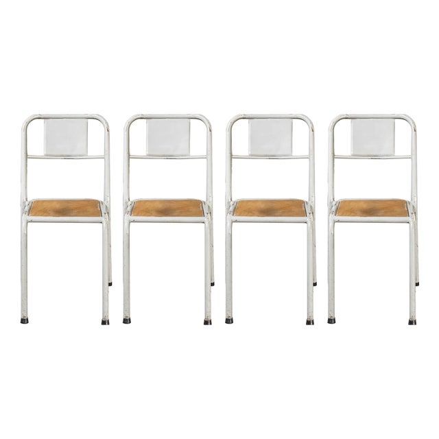 French Stacking Grey Dining Chairs with Wooden Seat from Mullca, 1950s, Set of 4 For Sale