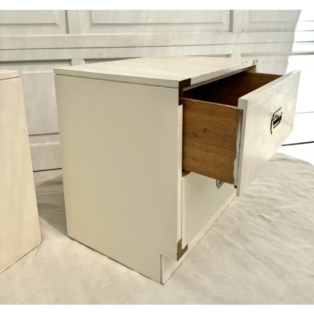 1970's Pair of White Campaign Nightstands For Sale - Image 11 of 12