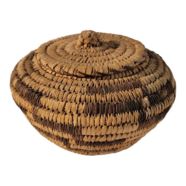 20th C Woven Lidded Basket With Geometric Pattern For Sale